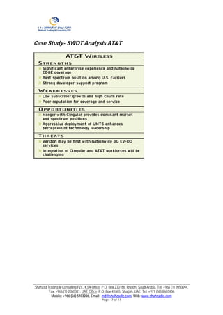 Case Study- SWOT Analysis AT&T




Shahzad Trading & Consulting FZE, KSA Office: P.O. Box 230166, Riyadh, Saudi Arabia, Tel: +966 (1) 2050094,
         Fax: +966 (1) 2050081. UAE Office: P.O. Box 41865, Sharjah, UAE, Tel: +971 (50) 8603406
          Mobile: +966 (56) 5103286, Email: md@shahzadtc.com, Web: www.shahzadtc.com
                                              Page: 7 of 11
 