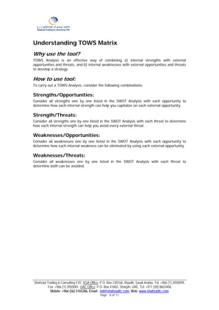 Understanding TOWS Matrix
Why use the tool?
TOWS Analysis is an effective way of combining a) internal strengths with external
opportunities and threats, and b) internal weaknesses with external opportunities and threats
to develop a strategy.

How to use tool:
To carry out a TOWS Analysis, consider the following combinations:

Strengths/Opportunities:
Consider all strengths one by one listed in the SWOT Analysis with each opportunity to
determine how each internal strength can help you capitalize on each external opportunity.

Strength/Threats:
Consider all strengths one by one listed in the SWOT Analysis with each threat to determine
how each internal strength can help you avoid every external threat.

Weaknesses/Opportunities:
Consider all weaknesses one by one listed in the SWOT Analysis with each opportunity to
determine how each internal weakness can be eliminated by using each external opportunity.

Weaknesses/Threats:
Consider all weaknesses one by one listed in the SWOT Analysis with each threat to
determine both can be avoided.




Shahzad Trading & Consulting FZE, KSA Office: P.O. Box 230166, Riyadh, Saudi Arabia, Tel: +966 (1) 2050094,
         Fax: +966 (1) 2050081. UAE Office: P.O. Box 41865, Sharjah, UAE, Tel: +971 (50) 8603406
          Mobile: +966 (56) 5103286, Email: md@shahzadtc.com, Web: www.shahzadtc.com
                                              Page: 8 of 11
 