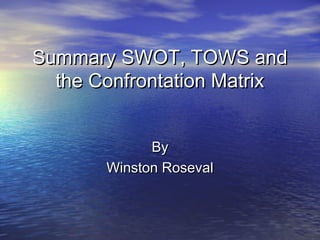 Summary SWOT, TOWS andSummary SWOT, TOWS and
the Confrontation Matrixthe Confrontation Matrix
ByBy
Winston RosevalWinston Roseval
 