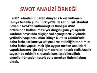 SWOT ANALİZİ ÖRNEĞİ 
2007 Yılından itibaren dünyada 6 kez kutlanan 
Dünya Nutella günü Türkiye’de ilk kez bu yıl İstanbul 
Cevahir AVM’de kutlanmıştır.Etkinliğin AVM 
ortamında kutlanılması yer dargınlığına yol açarak 
katılımcı sayısında düşüşe yol açmıştır.2012 yılında 
yedincisi yapılacak olan Dünya Nutella Günün’nde 
daha fazla katılımcıya ulaşmak ve etkinliğin tanıtımını 
daha fazka yapabilmek için uygun mekan analizleri 
yaptık.Tanıtım için doğru maceraları tespit ettik.Analiz 
sayesinde etkinlik sırasında karşılaşabileceğiniz 
engelleri önceden tespit edip gereken önlemi almış 
olduk. 
 