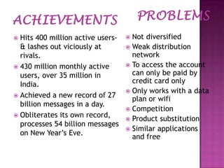 Hits 400 million active users& lashes out viciously at
rivals.
 430 million monthly active
users, over 35 million in
India.
 Achieved a new record of 27
billion messages in a day.
 Obliterates its own record,
processes 54 billion messages
on New Year’s Eve.


Not diversified
 Weak distribution
network
 To access the account
can only be paid by
credit card only
 Only works with a data
plan or wifi
 Competition
 Product substitution
 Similar applications
and free


 