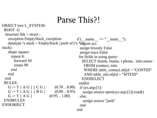 Parse This?!
OBJECT tree L_SYSTEM:
 ROOT G
  structure Stk = struct :
    exception EmptyStack_exception              if (...