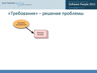 «Требования»	
  –	
  решение	
  проблемы	
  
      Проблема
    пользователя



                   Функции
                   системы
 