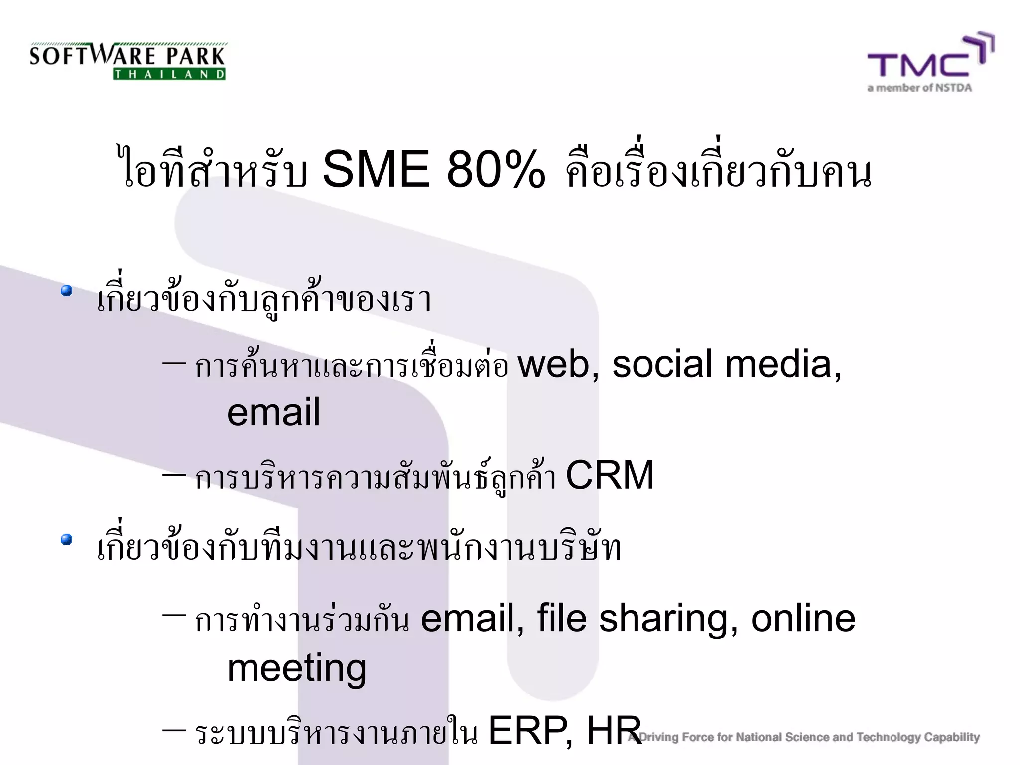 ไอทีสำหรับ SME 80% คือเรื่องเกี่ยวกับคน
เกี่ยวข้องกับลูกค้าของเรา
    – การค้นหาและการเชื่อมต่อ web, social media,
         email
    – การบริหารความสัมพันธ์ลูกค้า CRM
เกี่ยวข้องกับทีมงานและพนักงานบริษัท
    – การทำงานร่วมกัน email, file sharing, online
         meeting
    – ระบบบริหารงานภายใน ERP, HR
 
