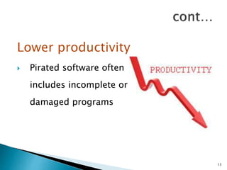 Lower productivity
 Pirated software often
includes incomplete or
damaged programs
13
 