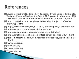 [1]Laurie E. MacDonald, Kenneth T. Fougere, Bryant College, Smithfield,
“Software Piracy: A Study of the Extent Of Coverage in Introductory MIS
Textbooks,” Journal of Information Systems Education, vol. 13, no. 4.
[2]http://cs.stanford.edu/people/eroberts/cs181/projects/software-
piracy/types.html
[3] http://www.ehow.com/list_6810994_software-piracy-laws-india.html
[4] http://whatis.techtarget.com/definition/piracy
[5] http://www.computerhope.com/jargon/s/softpira.htm
[6] http://smallbusiness.chron.com/effect-piracy-business-24541.html
[7]http://in.mathworks.com/company/aboutus/policies_statements/pirac
y.html
[8] www.fast.org.uk
[9] www.bsa.org
[10] www.caast.org
[11] www.siia.net
33
 