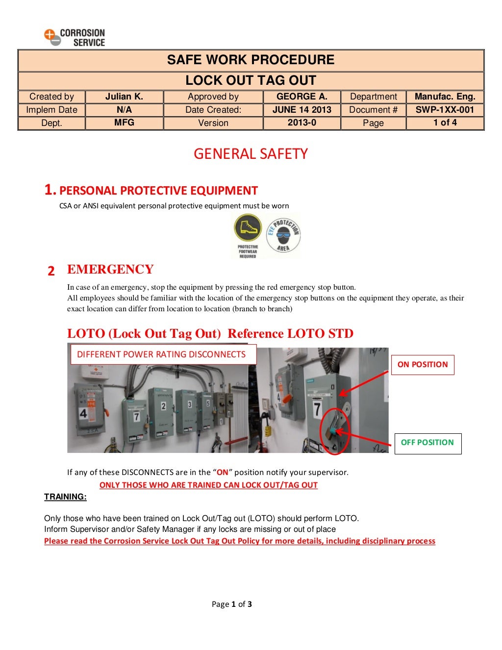 Lock Out Tag Out Safe Work Procedure