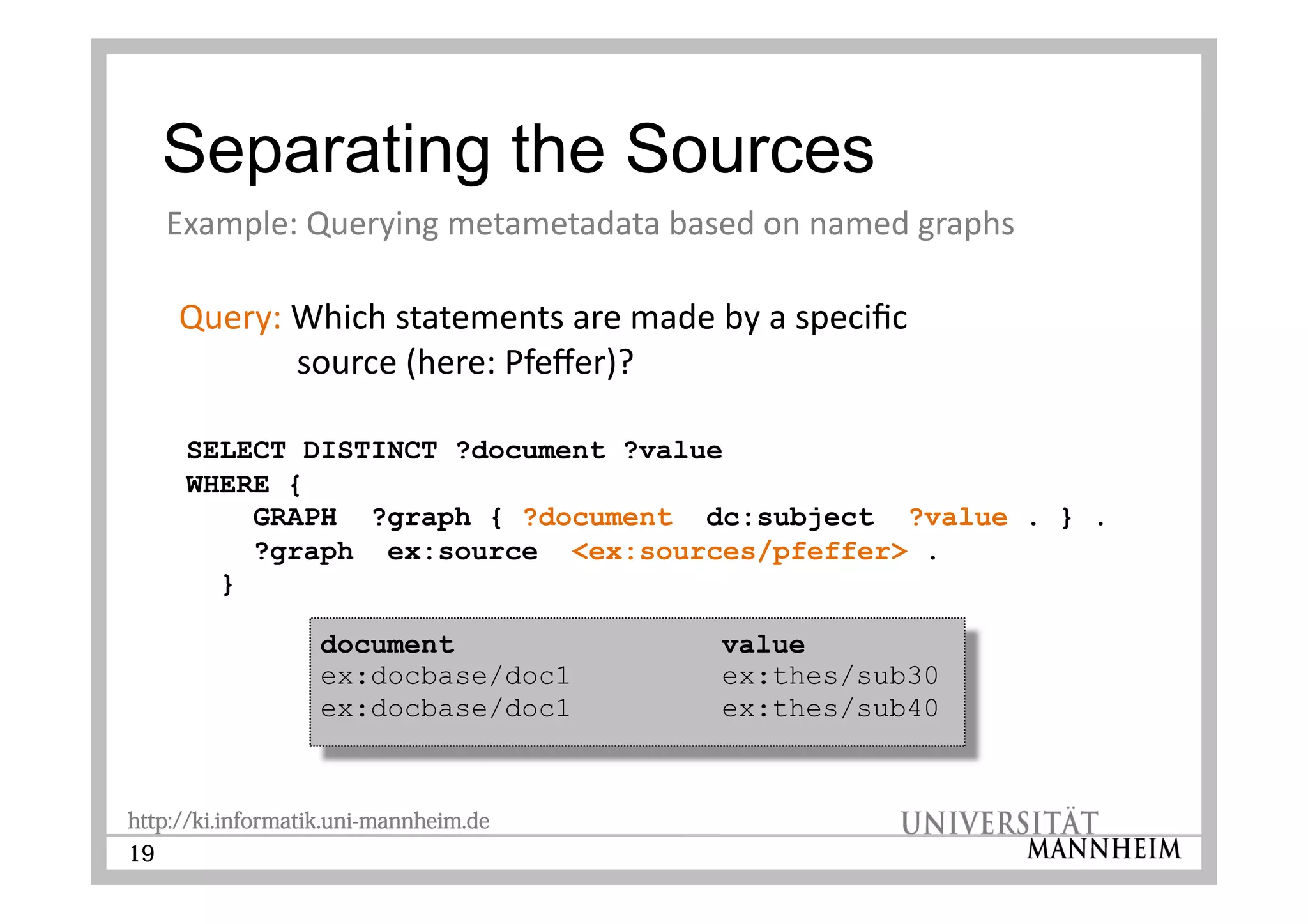http://ki.informatik.uni-mannheim.de
19
SELECT DISTINCT ?document ?value
WHERE {
GRAPH ?graph { ?document dc:subject ?value . } .
?graph ex:source <ex:sources/pfeffer> .
}
document value
ex:docbase/doc1 ex:thes/sub30
ex:docbase/doc1 ex:thes/sub40
 