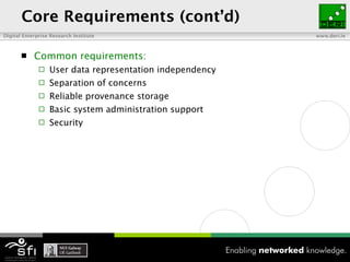 Core Requirements (cont’d) <ul><li>Common requirements: </li></ul><ul><ul><li>User data representation independency </li><...