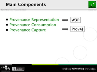 Main Components <ul><li>Provenance Representation </li></ul><ul><li>Provenance Consumption </li></ul><ul><li>Provenance Ca...