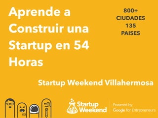 Startup Weekend Villahermosa
Aprende a
Construir una
Startup en 54
Horas
800+
CIUDADES
135
PAISES
 