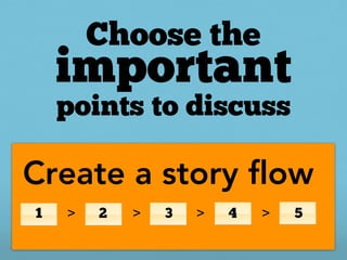 Choose the
    important
    points to discuss

Create a story flow
1   >   2   >   3   >   4   >   5
 