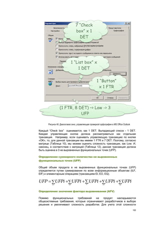 Рисунок 40. Диалоговое окно, управляющее проверкой орфографии в MS Office Outlook

Каждый ―Check box‖ оценивается, как 1 DET. Выпадающий список - 1 DET.
Каждая управляющая кнопка должна рассматриваться как отдельная
транзакция. Например, если оценивать управляющую транзакцию по кнопке
«OK», то, для данной транзакции мы имеем 1 FTR и 7 DET. Поэтому, согласно
матрице (Таблица 10), мы можем оценить сложность транзакции, как Low. И,
наконец, в соответствие с матрицей (Таблица 12), данная транзакция должна
быть оценена в 3 не выровненных функциональных точек (UFP).

Определение суммарного количества не выровненных
функциональных точек (UFP)

Общий объем продукта в не выровненных функциональных точках (UFP)
определяется путем суммирования по всем информационным объектам (ILF,
EIF) и элементарным операциям (транзакциям EI, EO, EQ).

UFP             UFPi             UFPi       EI
                                                 UFPi            UFPi             UFPi
          ILF              EIF                              EO               EQ




Определение значения фактора выравнивания (AFV)

Помимо    функциональных    требований   на   продукт   накладываются
общесистемные требования, которые ограничивают разработчиков в выборе
решения и увеличивают сложность разработки. Для учета этой сложности

                                                                                           100
 
