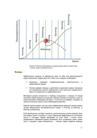 Рисунок 42. Reforming. «Встряхивание» и перевод команды проекта на новый, более
                 высокий, уровень производительности.

Выводы

         Эффективные команды не образуются сами по себе, они кристаллизуются
         вокруг признанного лидера. Для того чтобы стать лидером, необходимо:

               Признание    командой             профессиональной            компетентности       и
                превосходства лидера.

               Полное доверие команды к действиям и решениям лидера, признание
                его человеческих качеств, убежденность в его честности, порядочности,
                вера в его искренность и добросовестность.

         Мотивация должна начинаться с подбора сотрудников в команду. В старой
         экономике людей нанимали за умения и обучали нужному отношению к делу. В
         новой экономике необходимо поступать с точностью до наоборот: нанимать за
         нужное отношение к делу и учить необходимым умениям.

         Рабочая группа прежде, чем она станет эффективной командой, должна пройти
         четыре обязательных последовательных стадии: 1) Forming, 2) Storming, 3)
         Norming, 4) Performing.

         Если руководитель не будет прилагать дополнительные усилия команда, рано
         или поздно, начнет «сползать» с плато наивысшей эффективности в состояние
         застоя и стагнации. Задача менеджера на этом этапе - «точить пилу»:
         поддерживать требуемый уровень мотивации, быть штурманом, искать новые
         пути и открывать новые возможности.       Четыре стадии развития команды


                                                                                                  117
 