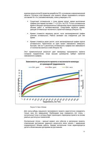анализа результатов 63 проектов разработки ПО, в основном в аэрокосмической
                        области. Согласно этой формуле, для проекта, общая трудоемкость которого
                        составляет N ч.*м. (человеко-месяцев), пожно утверждать что:

                              Существует оптимальное, с точки зрения затрат, время выполнения
                               графика для первой поставки: T = 2,5 (N ч.*м.)^1/3. То есть оптимальное
                               время в месяцах пропорционально кубическому корню предполагаемого
                               объема работ в человеко-месяцах. Следствием является кривая,
                               дающая оптимальную численность проектной команды (Рисунок 15).

                              Кривая стоимости медленно растет, если запланированный график
                               длиннее оптимального. Работа занимает все отведенное для нее
                               время.

                              Кривая стоимости резко растет, если запланированный график короче
                               оптимального. Практически ни один проект невозможно завершить
                               быстрее, чем за ¾ расчетного оптимального графика вне зависимости
                               от количества занятых в нем! (Рисунок 16)

                        Этот примечательный результат дает менеджеру программного проекта
                        солидное подкрепление, когда высшее руководство требует принятия
                        невозможного графика.


                          Зависимость длительности проекта и численности команды
                                        от суммарной трудоемкости
                                  Опт. длит.               Мин. длит.        Опт. числ.
        20                                                                                      25
        18
        16                                                                                      20
        14
Длительность мес.




                                                                                                    Численность
        12                                                                                      15
        10
                    8                                                                           10
                    6
                    4                                                                           5
                    2
                    0                                                                           0


                                                  Трудоемкость, чел.*мес.


                               Рисунок 15. Закон Б.Боэма

                        Для сколь-нибудь серьезного программного проекта недостаточно определить
                        только срок его завершения. Необходимо еще определить его этапы –
                        контрольные точки, в которых будет происходить переоценка проекта на основе
                        реально достигнутых показателей.

                        Контрольная точка - важный момент или событие в расписании проекта,
                        отмечающее достижение заданного результата и/или начало / завершение
                        определенного объема работы. Каждая контрольная точка характеризуется
                        датой и объективными критериями ее достижения.

                                                                                                             51
 