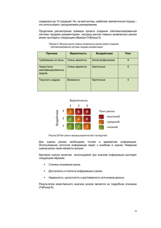 содержали до 10 градаций. Но, на мой взгляд, наиболее прагматичный подход –
это использовать трехуровневое ранжирование.

Продолжая рассмотрение примера проекта создания «Автоматизированной
системы продажи документации», матрица рангов главных выявленных рисков
может выглядеть следующим образом (Таблица 5).

        Таблица 5. Матрица рангов главных выявленных рисков проекта создания
         «Автоматизированной системы продажи документации»

       Причина               Вероятность               Воздействие             Ранг

Требования не ясны        Очень вероятно           Катастрофические             9

Недостаток                Очень вероятно           Критичные                    6
квалифицированных
кадров.

Текучесть кадров.         Возможно                 Критичные                    4




        Рисунок 26 Ранг риска и матрица вероятностей и последствий

Для оценки рисков необходима точная и адекватная информация.
Использование неточной информации ведет к ошибкам в оценке. Неверная
оценка риска также является риском.

Критерии оценки качества используемой при анализе информации выглядят
следующим образом:

       Степень понимания риска.

       Доступность и полнота информации о риске.

       Надежность, целостность и достоверность источников данных.

Результатом качественного анализа рисков является их подробное описание
(Таблица 6).




                                                                                      74
 