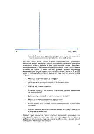 Рисунок 34. Точечная оценка трудоемкости пакета работ ничего не скажет нам о вероятности
        того, что на реализацию этого пакета потребуется не более, чем М чел.*мес.

Для того, чтобы понять, откуда берется неопределенность, рассмотрим
простейший пример, попытаемся оценить трудоемкость добавления поля ввода
телефонного номера клиента к уже существующей форме. Менеджер,
наблюдающий работу программистов только со стороны, скажет, что эта работа
потребует не больше 15 минут рабочего времени. Человек, умудренный
программистским опытом, скажет, что эта работа может занять от 2 до 200
часов, и чтобы дать более точную оценку ему надо получить ответы на ряд
вопросов:

      Может ли вводиться несколько номеров?

      Должна ли быть проверка номеров на действительность?

      Простая или сложная проверка?

      Если реализуем простую проверку, то не захочет ли клиент заменить ее
       на более сложную?

      Должна ли проверка работать для иностранных номеров?

      Можно ли воспользоваться готовым решением?

      Каково должно быть качество реализации? Вероятность ошибки после
       поставки?

      Сколько времени потребуется на реализацию и отладку? (зависит от
       конкретного исполнителя).

Называя такую «размытую» оценку опытный программист резервирует все
риски разработки, связанные с перечисленными неопределенностями данного
требования, которые он вынужден принимать на себя, не имея в данный момент
необходимой уточняющей информации.

                                                                                             88
 