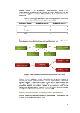 Оценка данных в не выровненных функциональных точках (UFP)
подсчитывается по-разному для внутренних логических файлов (ILFs) и для
внешних интерфейсных файлов (EIFs) (Таблица 8) в зависимости от их
сложности.

       Таблица 8. Оценка данных в не выровненных функциональных точках (UFP) для внутренних
        логических файлов (ILFs) и внешних интерфейсных файлов (EIFs)

Сложность данных             Количество UFP (ILF)             Количество UFP (EIF)

       Low                                               7                                5

       Average                                         10                                 7

       High                                            15                                10



Для иллюстрации рассмотрим пример оценки в не                              выровненных
функциональных точках объекта данных «Клиент» (Рисунок 39).




       Рисунок 39. Пример оценки в не выровненных функциональных точках объекта данных
        «Клиент».

Объект «Клиент» содержит четыре логических группы данных, которые в
совокупности состоят из 15 неповторяемых уникальное полей данных. Согласно
матрице (Таблица 7), нам следует оценить сложность этого объекта данных, как
«Average». Теперь, если оцениваемый объект относится к внутренним
логическим файлам, то согласно Таблица 8 его сложность будет 10 не
выровненных функциональных точек (UPF). Если же объект является внешним
интерфейсным файлом, то его сложность составит 7 UPF.

Подсчет функциональных точек, связанных с транзакциями

Подсчет функциональных точек, связанных с транзакциями – это четвертый шаг
анализа по методу функциональных точек.




                                                                                         97
 