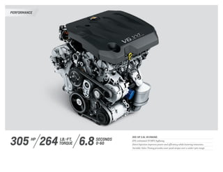 305-HP 3.6L V6 ENGINE.
EPA-estimated 29 MPG highway.
Direct Injection improves power and efficiency while lowering emissions.
Variable Valve Timing provides near-peak torque over a wider rpm range.
6.8 SECONDS
0-60305 LB.-FT.
TORQUE
hp
264
PERFORMANCE
 