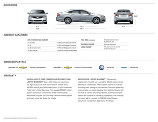 73.0 201.3
58.9
62.2 111.7 62.0
dimensions
chevRolet.com/accessorieschevrolet.com/warranty siriusxm.comonstar.com
maximum capacities
ownership extras
warranty
1 Cargo and load capacity limited by weight and distribution.
100,000-mile/5-year transferable powertrain
limited warranty  Every 2015 Chevrolet passenger
car, light-duty truck, SUV and crossover comes with a
100,000-mile/5-year (whichever comes first) transferable
Powertrain Limited Warranty. Plus, you get 100,000 miles/
5 years (whichever comes first) of the 24/7 Roadside
Assistance Program, the Courtesy Transportation Program,
and much more. See dealer for details.
NEW VEHICLE LIMITED WARRANTY  GM vehicles
registered in the USA are covered for 36,000 miles/3 years
(whichever comes first). The complete vehicle is covered,
including tires, towing to your nearest Chevrolet dealership
and cosmetic corrosion resulting from defects. Repairs will
be made to correct any vehicle defect, and most warranty
repairs will be made at no charge. In addition, rust-through
corrosion will be covered for 100,000 miles/6 years
(whichever comes first). See dealer for details.
EPA-estimated fuel economy
2.5L 4-cylinder 22 MPG city/31 highway/25 combined 
3.6L V6 19 MPG city/29 highway/22 combined
3.6L V6 (emissions states) 18 MPG city/28 highway/21 combined
3.6L V6 Bi-Fuel CNG Official EPA estimates not yet available
fuel tank (approximate) 18.5 gallons (LS, 1LT, 2LT, LTZ)
10 gallons (2FL, 3LT)
passenger volume 105.0 cubic feet/seats 5
cargo volume 1 18.8 cubic feet (LS, 1LT, 2LT, LTZ)
10 cubic feet (2FL, 3LT)
 