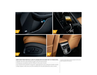 1 2
3 4
Carry everything from golf clubs to luggage with 18.8 cubic feet 1
of trunk space.
1. Weather the storm with umbrella storage in the front door pockets.
2. Charge your smartphone with the USB port 2
in the center console.
3. Get situated with available 8-way power-adjustable front seats with power lumbar control.
4. Plug a laptop or other device into the available 120-volt outlet behind the center console.
1 Cargo and load capacity limited by weight and distribution. 
2 Not compatible with all devices.
 