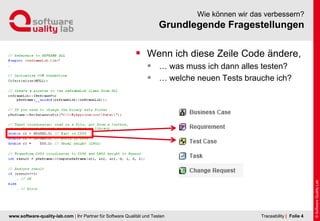 www.software-quality-lab.com | Ihr Partner für Software Qualität und Testen
Grundlegende Fragestellungen
Wie können wir das verbessern?
 Wenn ich diese Zeile Code ändere,
 … was muss ich dann alles testen?
 … welche neuen Tests brauche ich?
| Folie 4Traceability
 