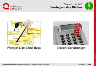 www.software-quality-lab.com | Ihr Partner für Software Qualität und Testen
Verringern des Risikos
Was nutzt mir das?
| Folie 8Traceability
Weniger Side-Effect Bugs Bessere Schätzungen
 