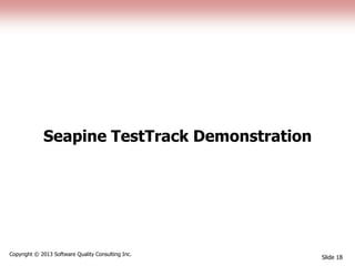 Seapine TestTrack Demonstration
Slide 18
Copyright © 2013 Software Quality Consulting Inc.
 