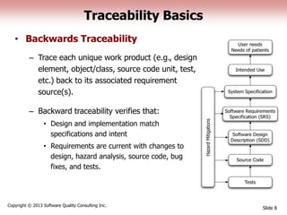 Traceability Basics
Slide 8
Copyright © 2013 Software Quality Consulting Inc.
• Backwards Traceability
– Trace each unique work product (e.g., design
element, object/class, source code unit, test,
etc.) back to its associated requirement
source(s).
– Backward traceability verifies that:
• Design and implementation match
specifications and intent
• Requirements are current with changes to
design, hazard analysis, source code, bug
fixes, and tests.
 