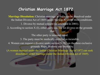 Christian Marriage Act 1872
Marriage Dissolution: Christian marriage in India can be dissolved under
the Indian Divorce Ac...