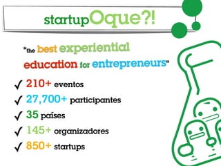 startupOque?!

  “the best experiential

  education for entrepreneurs”
✓ 210+ eventos
✓ 27,700+ participantes
✓ 35 países
✓ 145+ organizadores
✓ 850+ startups
 