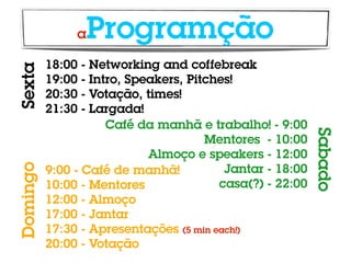 a  Programção
          18:00  - Networking and coffebreak
Sexta

          19:00  - Intro, Speakers, Pitches!
          20:30  - Votação, times!
          21:30  - Largada!
                      Café da manhã e trabalho! - 9:00




                                                           Sabado
                                       Mentores - 10:00
                             Almoço e speakers - 12:00
Domingo




          9:00 - Café de manhã!           Jantar - 18:00
          10:00 - Mentores               casa(?) - 22:00
          12:00 - Almoço
          17:00 - Jantar
          17:30 - Apresentações (5 min each!)
          20:00 - Votação
 