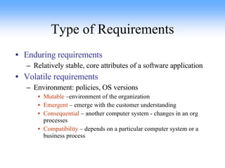 Type of Requirements Enduring requirements Relatively stable, core attributes of a software application Volatile requirements Environment: policies, OS versions Mutable  –environment of the organization Emergent  – emerge with the customer understanding  Consequential  – another computer system - changes in an org processes Compatibility  – depends on a particular computer system or a business process 
