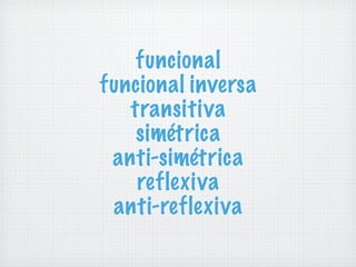 funcional
funcional inversa
transitiva
simétrica
anti-simétrica
reflexiva
anti-reflexiva
 