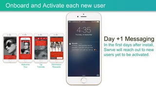 Day +1 Messaging
In the first days after install,
Swrve will reach out to new
users yet to be activated.
Welcome
Tour
Tip
Tutorials
Permission
Requests
Onboard and Activate each new user
 