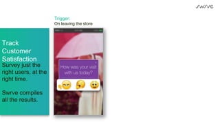 Trigger:
On leaving the store
Track
Customer
Satisfaction
Survey just the
right users, at the
right time.
Swrve compiles
all the results.
 