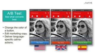 • Change the color of
a button.
• Edit marketing copy.
• Deliver language-
specific call-to-
actions.
A/B Test
See what converts
best
 