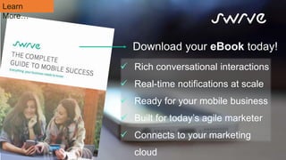 Download your eBook today!
 Rich conversational interactions
 Real-time notifications at scale
 Ready for your mobile business
 Built for today’s agile marketer
 Connects to your marketing
cloud
Learn
More…
 
