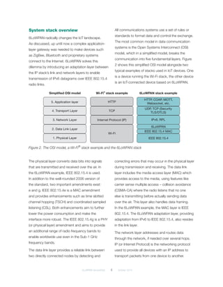 6LoWPAN demystified	 4	 October 2014
System stack overview
6LoWPAN radically changes the IoT landscape.
As discussed, up until now a complex application-
layer gateway was needed to make devices such
as ZigBee, Bluetooth and proprietary systems
connect to the Internet. 6LoWPAN solves this
dilemma by introducing an adaptation layer between
the IP stack’s link and network layers to enable
transmission of IPv6 datagrams over IEEE 802.15.4
radio links.
All communications systems use a set of rules or
standards to format data and control the exchange.
The most common model in data communication
systems is the Open Systems Interconnect (OSI)
model, which in a simplified model, breaks the
communication into five fundamental layers. Figure
2 shows this simplified OSI model alongside two
typical examples of stacks used in IoT devices. One
is a device running the Wi-Fi stack, the other device
is an IoT-connected device based on 6LoWPAN.
Simplified OSI model Wi-Fi stack example®
6LoWPAN stack example
Wi-Fi
HTTP
HTTP, COAP, MOTT,
Websocket, etc.
UDP, TCP (Security
TLS/DTLS)
IPv6, RPL
6LoWPAN
IEEE 802.15.4 MAC
IEEE 802.15.4
TCP
Internet Protocol (IP)
5. Application layer
4. Transport Layer
3. Network Layer
2. Data Link Layer
1. Physical Layer
The physical layer converts data bits into signals
that are transmitted and received over the air. In
the 6LoWPAN example, IEEE 802.15.4 is used.
In addition to the well-rounded 2006 version of
the standard, two important amendments exist:
e and g. IEEE 802.15.4e is a MAC amendment
and provides enhancements such as time slotted
channel hopping (TSCH) and coordinated sampled
listening (CSL). Both enhancements aim to further
lower the power consumption and make the
interface more robust. The IEEE 802.15.4g is a PHY
(or physical layer) amendment and aims to provide
an additional range of radio frequency bands to
enable worldwide use even in the Sub-1 GHz
frequency bands.
The data link layer provides a reliable link between
two directly connected nodes by detecting and
correcting errors that may occur in the physical layer
during transmission and receiving. The data link
layer includes the media access layer (MAC) which
provides access to the media, using features like
carrier sense multiple access – collision avoidance
(CSMA-CA) where the radio listens that no one
else is transmitting before actually sending data
over the air. This layer also handles data framing.
In the 6LoWPAN example, the MAC layer is IEEE
802.15.4. The 6LoWPAN adaptation layer, providing
adaptation from IPv6 to IEEE 802.15.4, also resides
in the link layer.
The network layer addresses and routes data
through the network, if needed over several hops.
IP (or Internet Protocol) is the networking protocol
used to provide all devices with an IP address to
transport packets from one device to another.
Figure 2. The OSI model, a Wi-Fi®
stack example and the 6LoWPAN stack
 