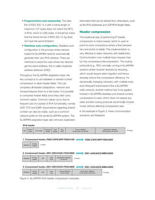 6LoWPAN demystified	 7	 October 2014
•	Fragmentation and reassembly. The data
link of IEEE 802.15.4 with a frame length of
maximum 127 bytes does not match the MTU
of IPv6, which is 1280 bytes. It should be noted
that the frame format of IEEE 802.15.4g does
not have the same limitation.
•	Stateless auto configuration. Stateless auto
configuration is the process where devices
inside the 6LoWPAN network automatically
generate their own IPv6 address. There are
methods to avoid the case where two devices
get the same address; this is called duplicate
address detection (DAD).
Throughout the 6LoWPAN adaptation layer, the
key concept is to use stateless or shared-context
compression to elide header fields. This can
compress all headers (adaptation, network and
transport layers) down to a few bytes. It is possible
to compress header fields since they often carry
common values. Common values occur due to
frequent use of a subset of IPv6 functionality, namely
UDP, TCP and ICMP. Assumptions regarding shared
context can also be made, such as a common
network prefix for the whole 6LoWPAN system. The
6LoWPAN adaptation layer also removes duplicated
information that can be derived from other layers, such
as the IPv6 addresses and UDP/IPv6 length fields.
Header compression
The traditional way of performing IP header
compression is status based, which is used at
point-to-point connections where a flow between
two end points is stable. This implementation is
very effective in static networks with stable links.
Communication over multiple hops requires hop-
by-hop compression/decompression. The routing
protocols (e.g., RPL) normally running in 6LoWPAN
systems obtain receiver diversity by rerouting,
which would require state migration and hence
severely reduce the compression efficiency. For
dynamically changing networks, with multiple hops
and infrequent transmissions like a 6LoWPAN
radio network, another method has to be applied.
Instead in 6LoWPAN stateless and shared-context
compression is used, which does not require any
state and lets routing protocols dynamically choose
routes without affecting compression ratio.
In the example in Figure 3, three communication
scenarios are displayed:
Destination address
64-bit prefix, 64-bit HD
Destination address
64-bit prefix, 64-bit HD
Destination address
64-bit HD
Source address
64-bit prefix, 64-bit HD
Source address
64-bit prefix
Hop
limit
Hop
limit
Hop
limit
Next
header
Payload
length
Traffic
class Flow labelVer
IPv6 header
FE80::CAFE:00FF:FE00:0200
2001::4455:84C6:39BB:A2DD
2001::4455:84C6:39BB:A2DD
1. Compressed header, FE80::CAFE:00FF:FE00:0100
2. Compressed header, 2001::DEC4:E3A1:FE24:9600
3. Compressed header, 2001::DEC4:E3A1:FE24:9600
Dispatch
Dispatch
Dispatch
CID
CID
Compr.
header
Compr.
header
Compr.
header
40 bytes
20 bytes
2 bytes
12 bytes
Figure 3. 6LoWPAN IPv6 header compression examples
 