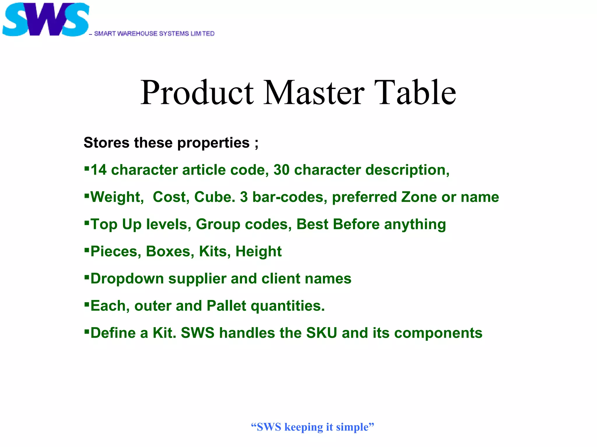 Product Master Table Stores these properties ; 14 character article code, 30 character description, Weight,  Cost, Cube. 3 bar-codes, preferred Zone or name Top Up levels, Group codes, Best Before anything Pieces, Boxes, Kits, Height Dropdown supplier and client names Each, outer and Pallet quantities. Define a Kit. SWS handles the SKU and its components “ SWS keeping it simple” 