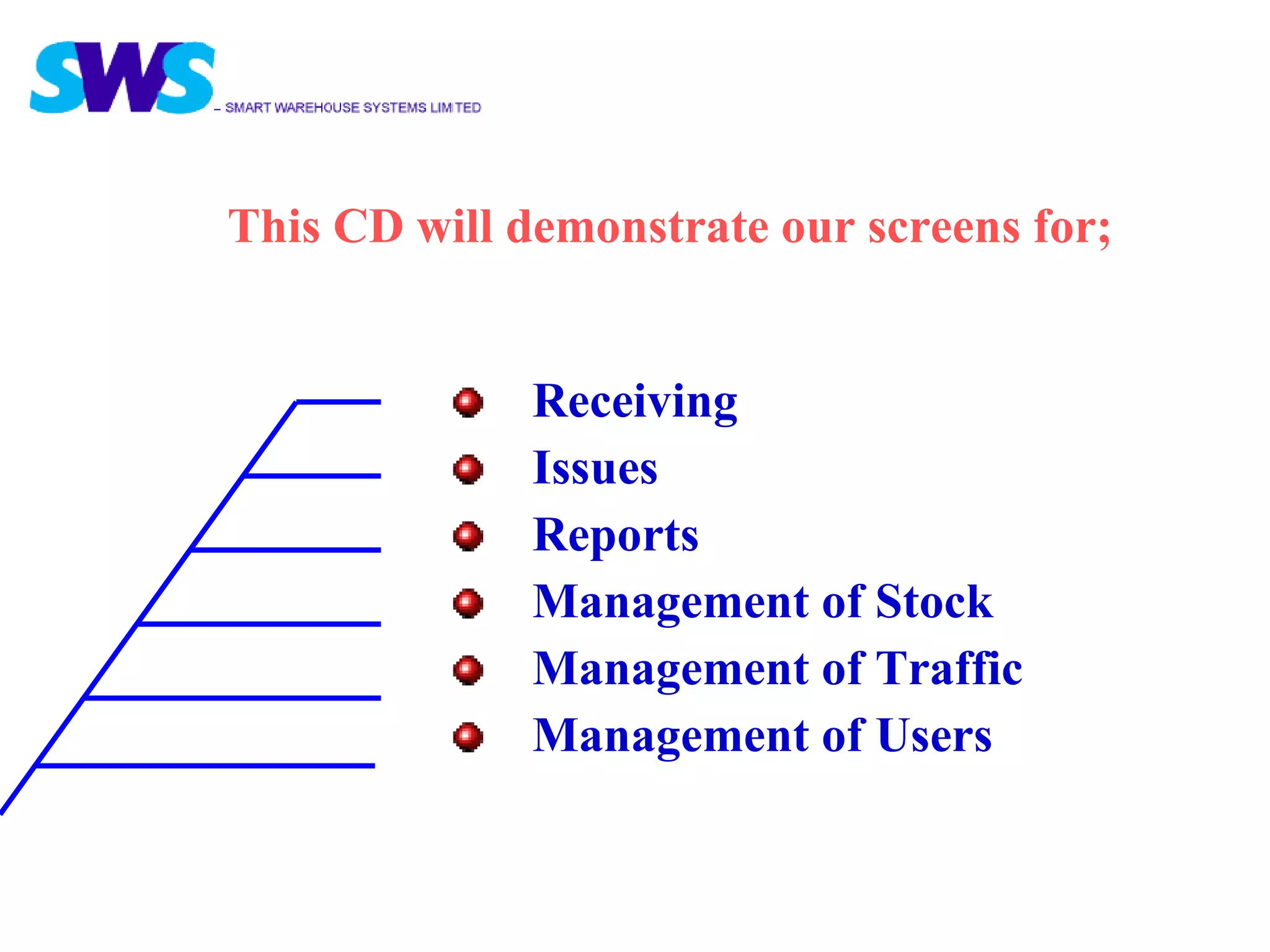 Receiving  Issues  Reports Management of Stock Management of Traffic Management of Users This CD will demonstrate our screens for; 