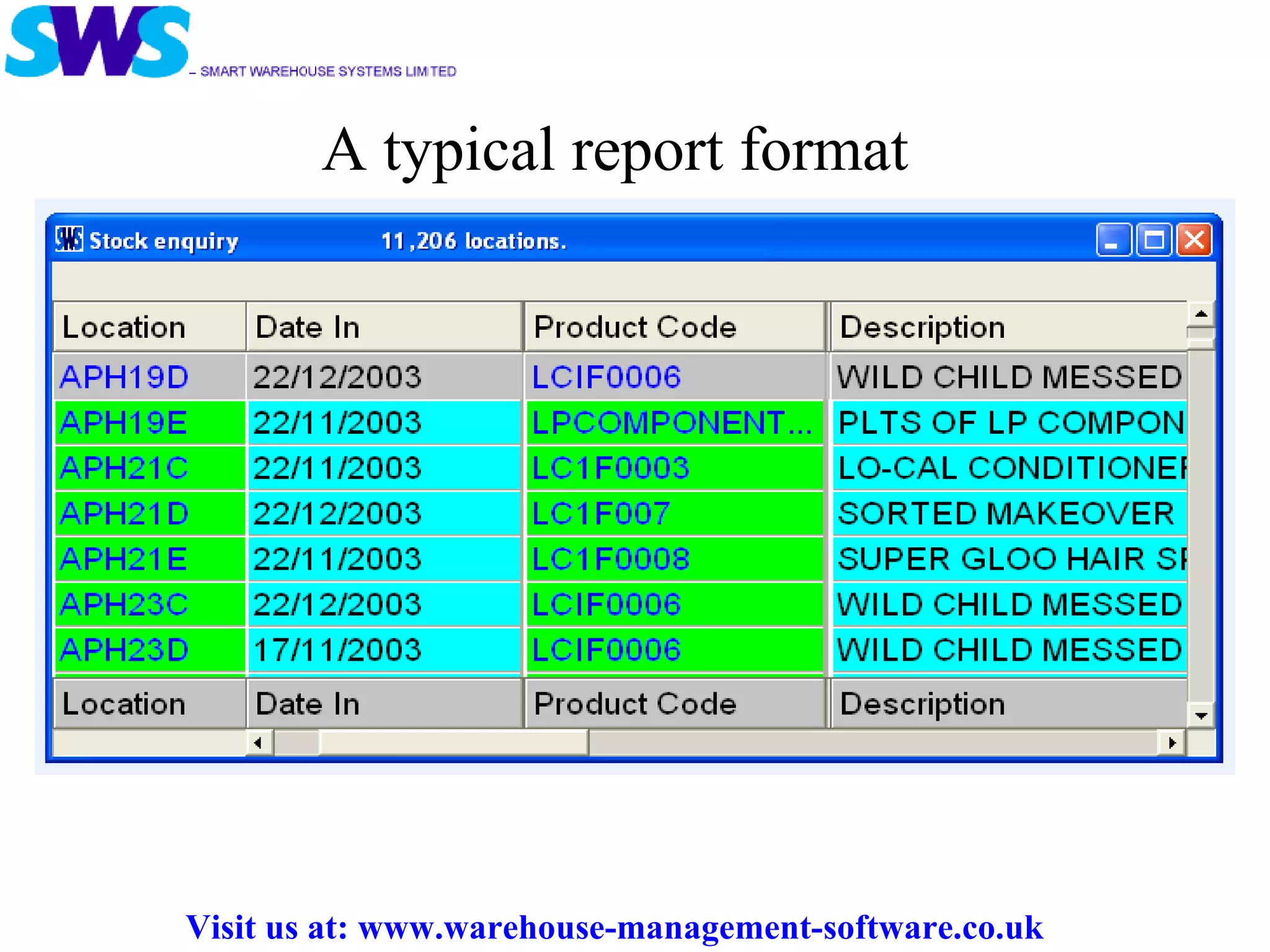 A typical report format Visit us at: www.warehouse-management-software.co.uk 
