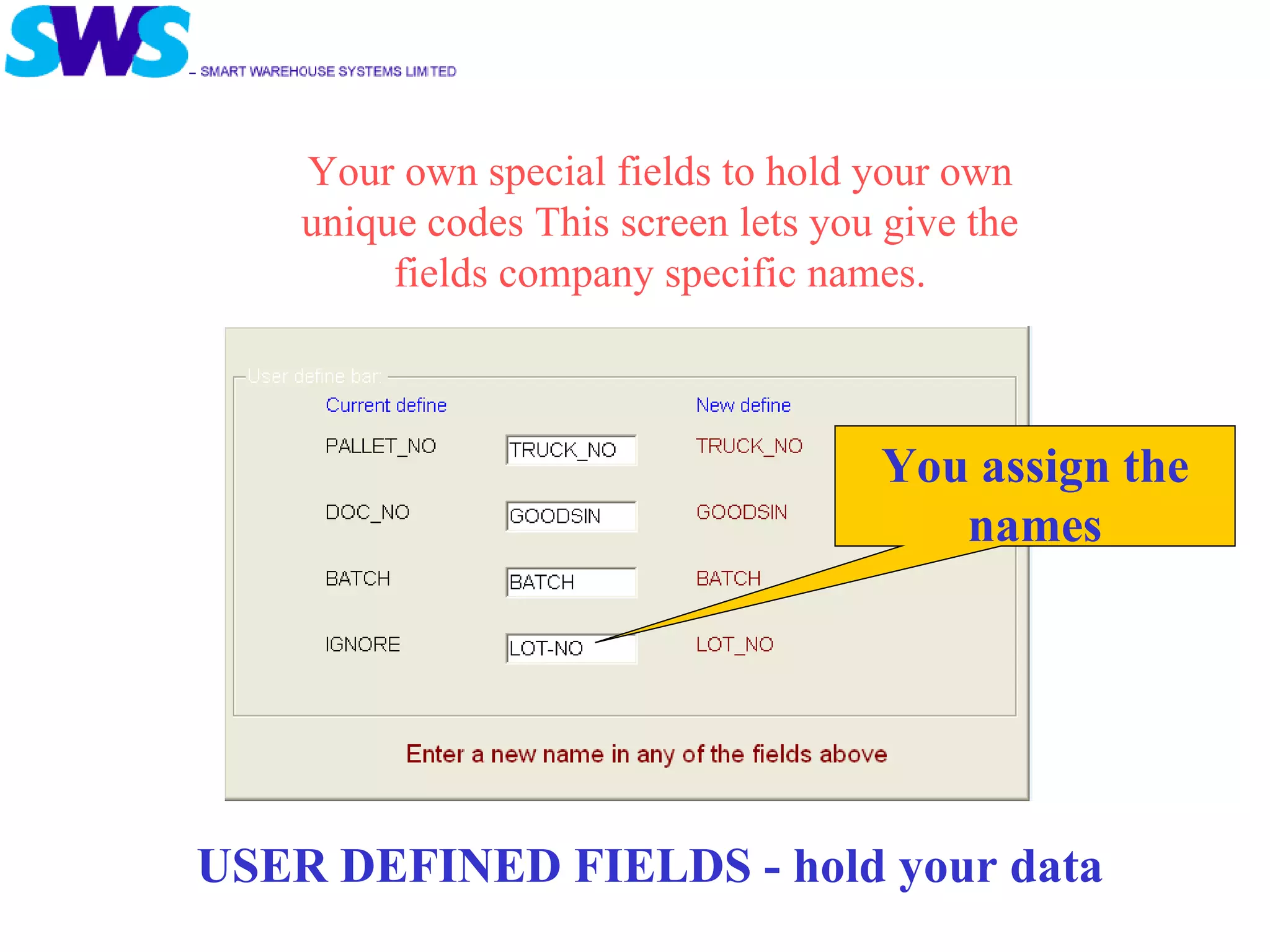 Your own special fields to hold your own unique codes This screen lets you give the fields company specific names. USER DEFINED FIELDS - hold your data You assign the names 