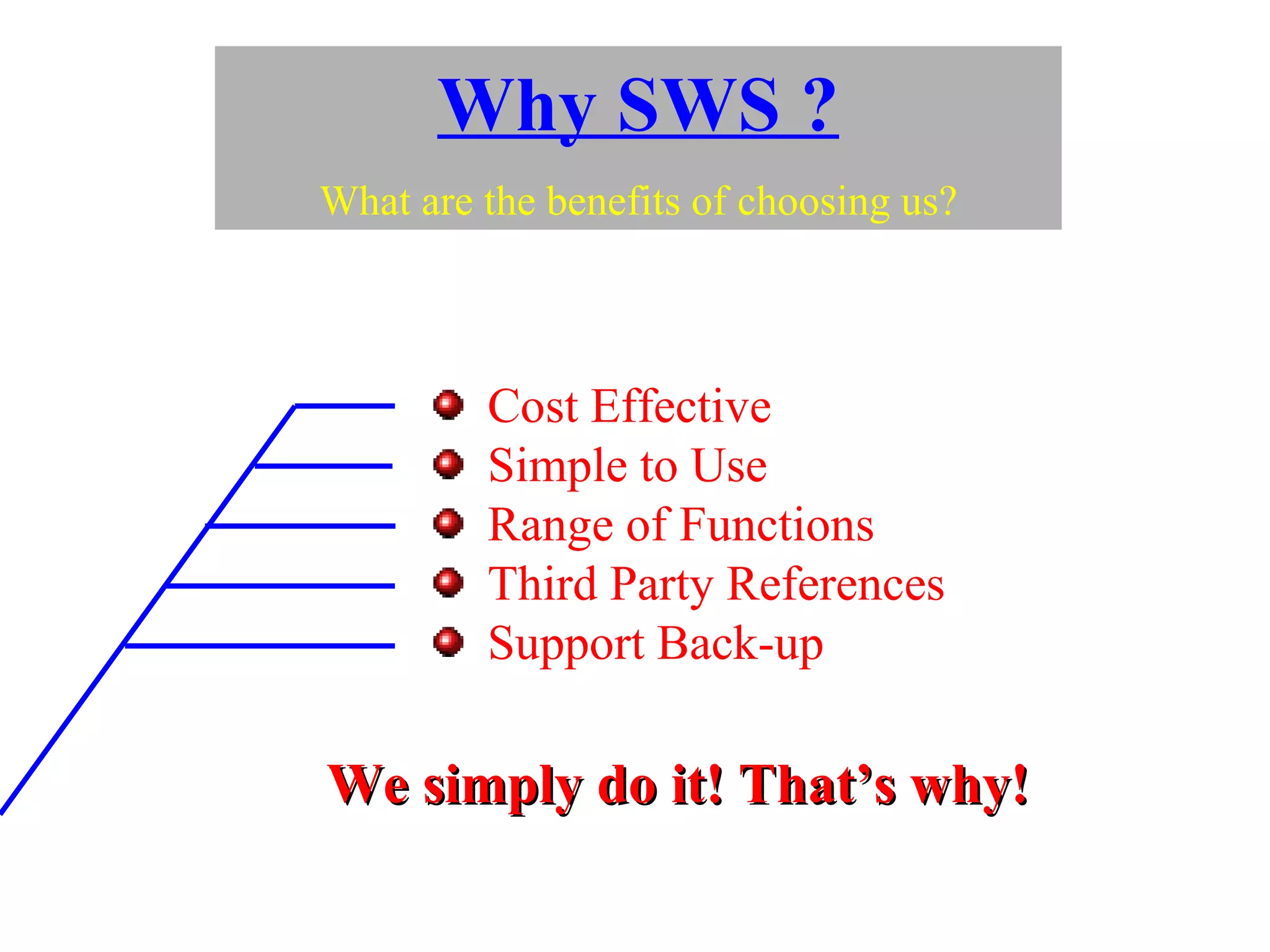 Why SWS ? What are the benefits of choosing us? Cost Effective Simple to Use Range of Functions Third Party References Support Back-up We simply do it! That’s why! 