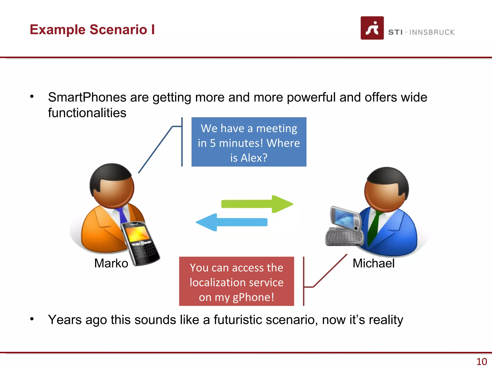Example Scenario I



•   SmartPhones are getting more and more powerful and offers wide
    functionalities
                                We have a meeting
                               in 5 minutes! Where
                                      is Alex?




            Marko             You can access the            Michael
                              localization service
                                on my gPhone!
•   Years ago this sounds like a futuristic scenario, now it’s reality


                                                                         10
 