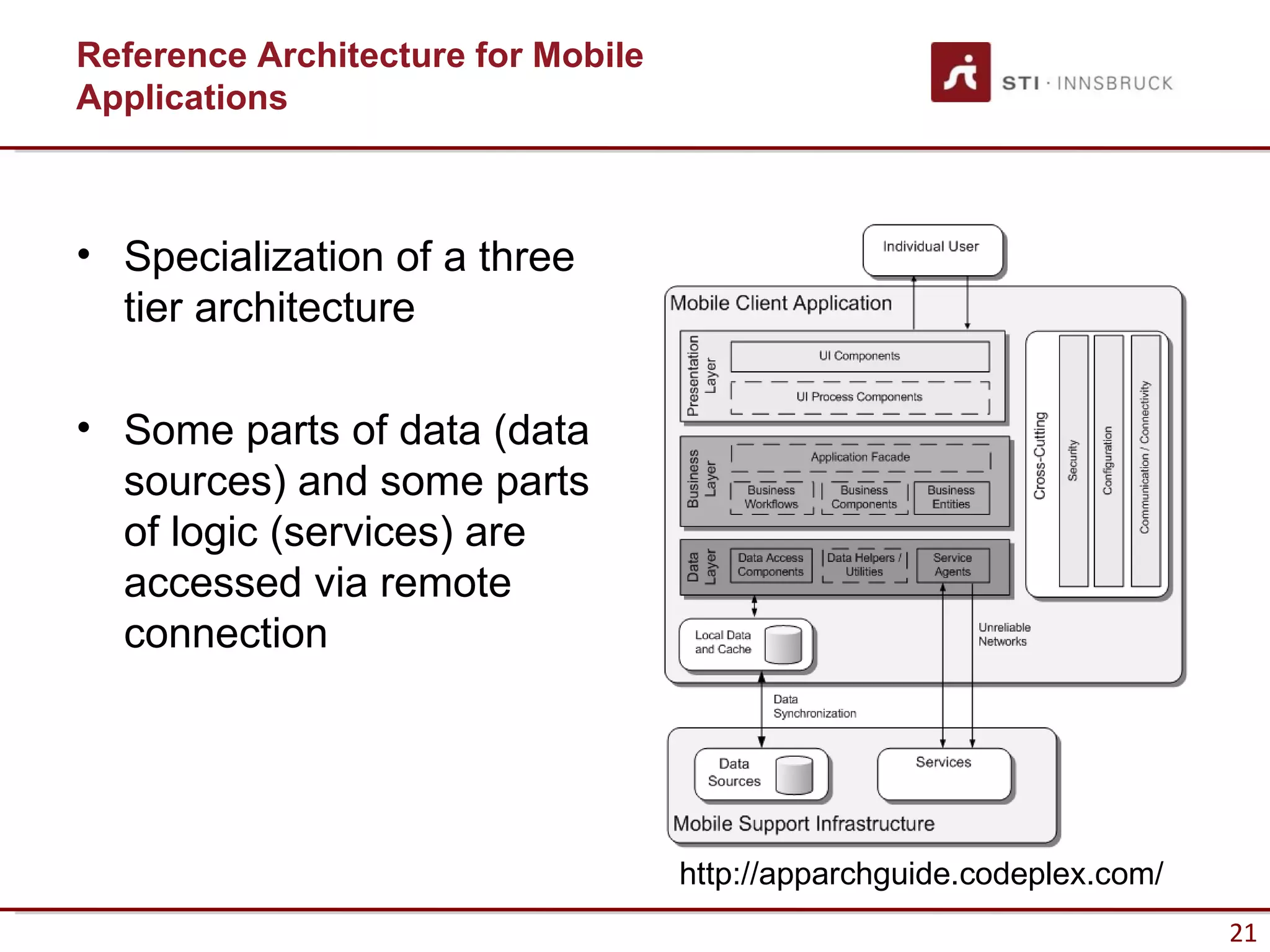 Reference Architecture for Mobile
Applications



• Specialization of a three
  tier architecture

• Some parts of data (data
  sources) and some parts
  of logic (services) are
  accessed via remote
  connection




                                    http://apparchguide.codeplex.com/
                                                                        21
 