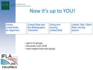 Now it's up to YOU!
Library
Linked Data
for beginners
Linked Data and
the Bibliographic
Transition
– split in 4+ groups
– discussion until 13:30
– short reports from each group
Using and
reusing
Linked Data
Linked / Big / Open
Data: the big
picture
 