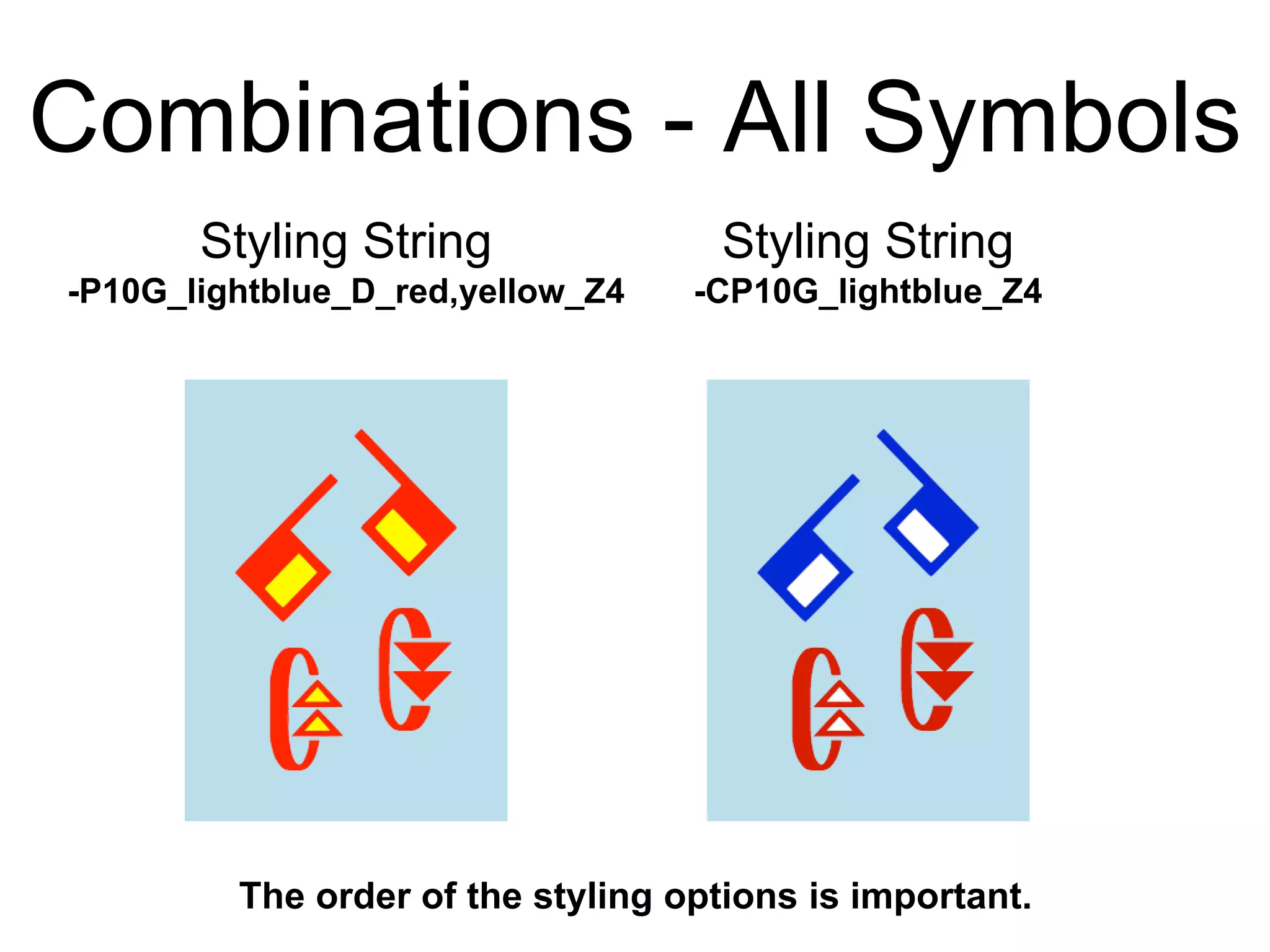Combinations - All Symbols
Styling String
-CP10G_lightblue_Z4
Styling String
-P10G_lightblue_D_red,yellow_Z4
The order of the styling options is important.
 