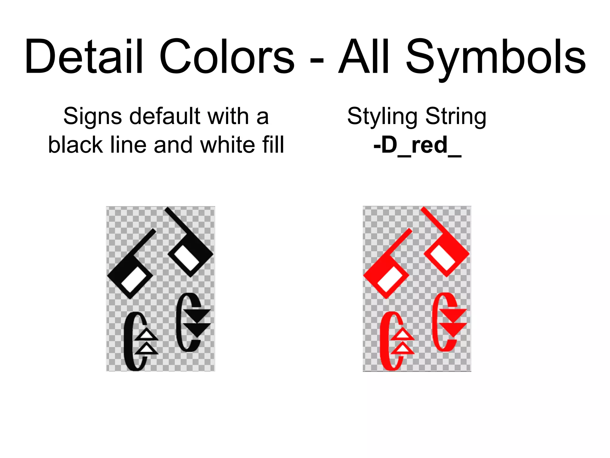 Detail Colors - All Symbols
Styling String
-D_red_
Signs default with a
black line and white fill
 